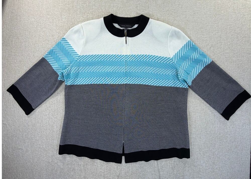 Ming Wang Women's Blue White XL Zip Front Chevron Print 3/4 Sleeve Knit Sweater